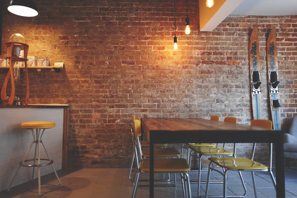 brick wall, chairs, furniture